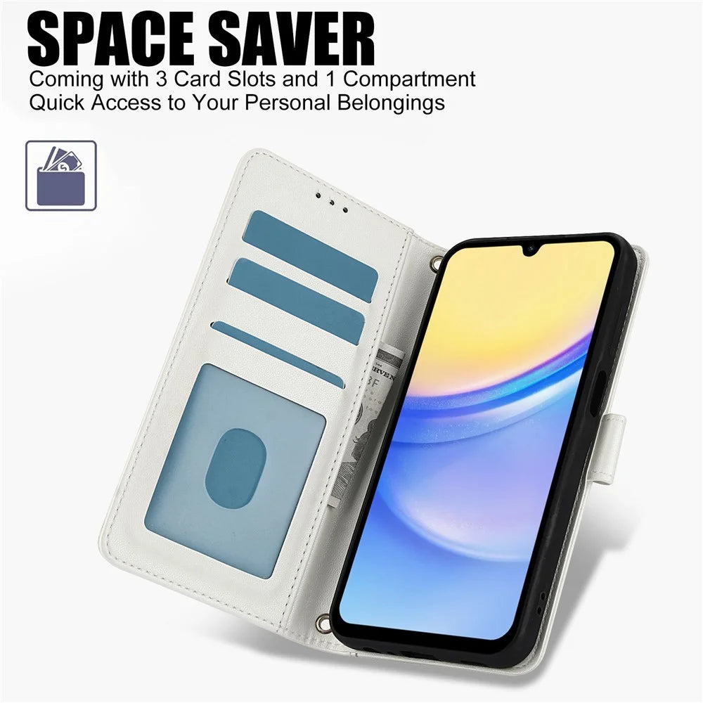 SY-003 For Samsung Galaxy A35 5G Case PU Leather Stand View Phone Wallet Cover with Hand Strap - White - 5