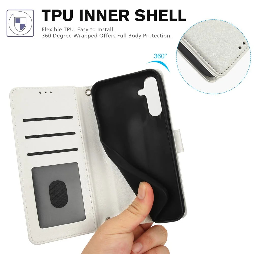SY-003 For Samsung Galaxy A35 5G Case PU Leather Stand View Phone Wallet Cover with Hand Strap - White - 6