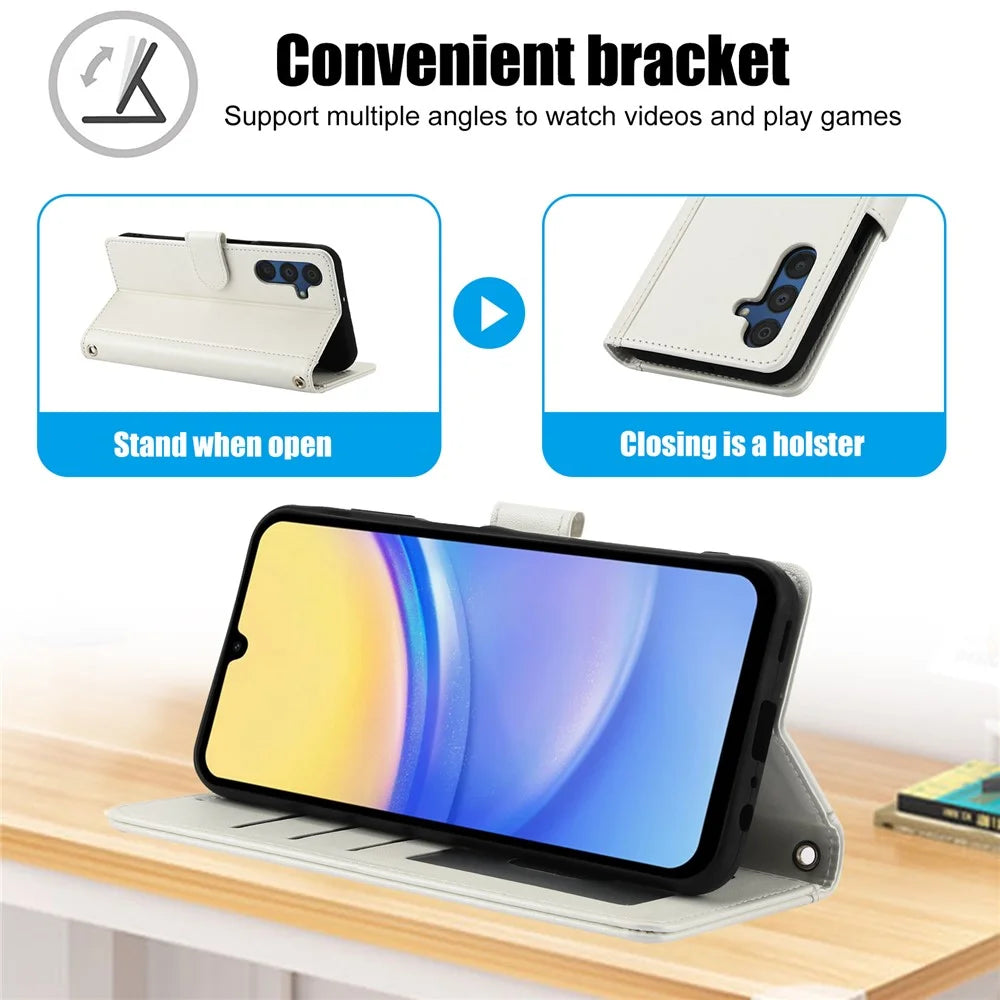 SY-003 For Samsung Galaxy A35 5G Case PU Leather Stand View Phone Wallet Cover with Hand Strap - White - 7