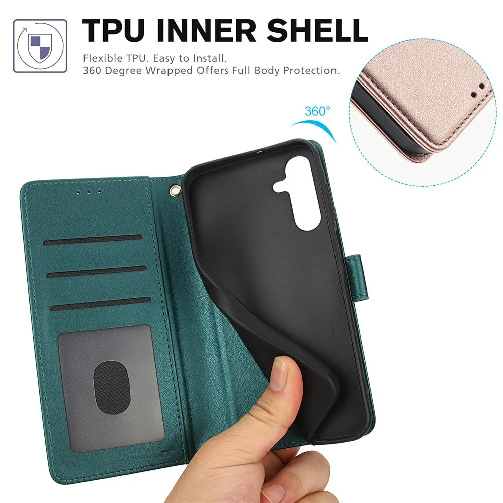 SY-003 For Samsung Galaxy A05s 4G Case PU Leather Stand View Phone Wallet Cover with Hand Strap - Green - 6
