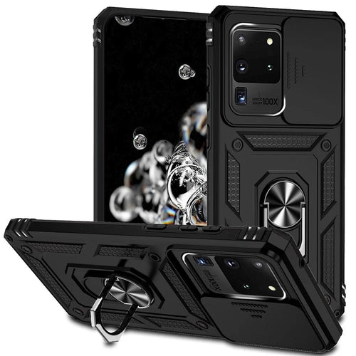 Hard PC + Soft TPU Phone Case for Samsung Galaxy S20 Ultra, Metal Ring Kickstand Anti-drop Cover with Slide Camera Protection - Black - 1