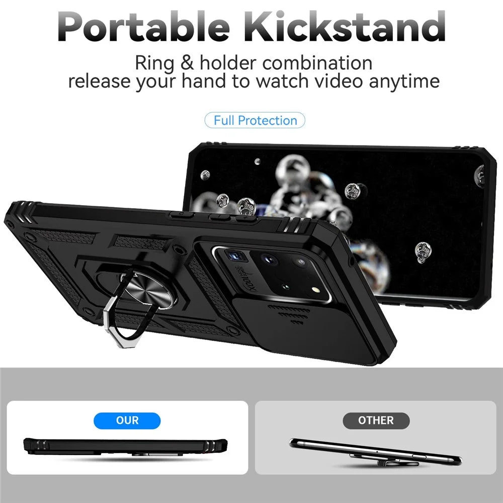Hard PC + Soft TPU Phone Case for Samsung Galaxy S20 Ultra, Metal Ring Kickstand Anti-drop Cover with Slide Camera Protection - Black - 2