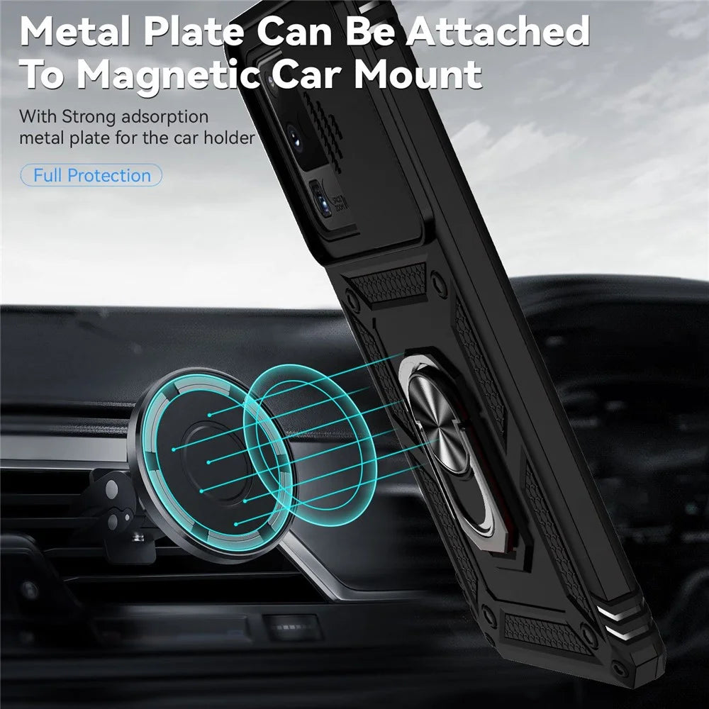 Hard PC + Soft TPU Phone Case for Samsung Galaxy S20 Ultra, Metal Ring Kickstand Anti-drop Cover with Slide Camera Protection - Black - 3