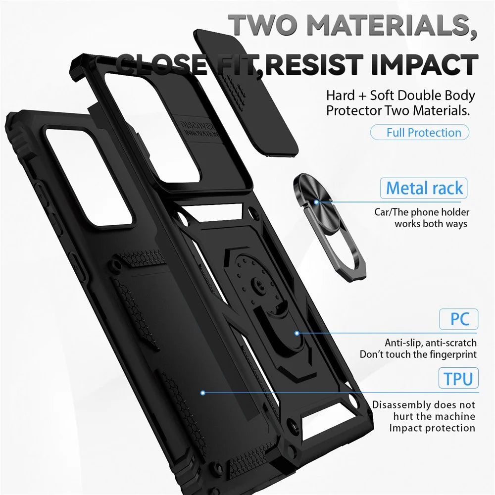 Hard PC + Soft TPU Phone Case for Samsung Galaxy S20 Ultra, Metal Ring Kickstand Anti-drop Cover with Slide Camera Protection - Black - 4