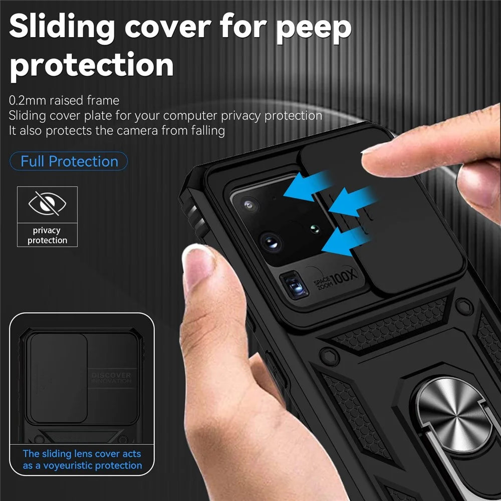 Hard PC + Soft TPU Phone Case for Samsung Galaxy S20 Ultra, Metal Ring Kickstand Anti-drop Cover with Slide Camera Protection - Black - 5