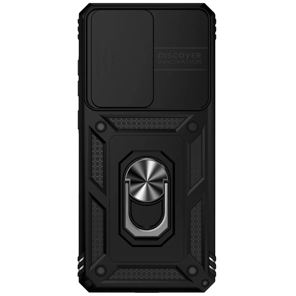 Hard PC + Soft TPU Phone Case for Samsung Galaxy S20 Ultra, Metal Ring Kickstand Anti-drop Cover with Slide Camera Protection - Black - 6