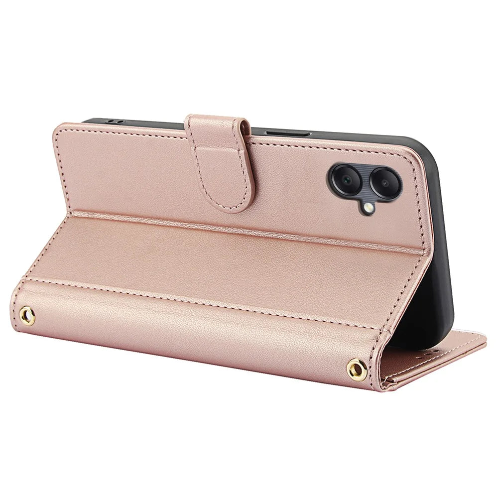 SY-003 For Samsung Galaxy A06 4G Case PU Leather Stand View Phone Wallet Cover with Hand Strap - Pink - 3