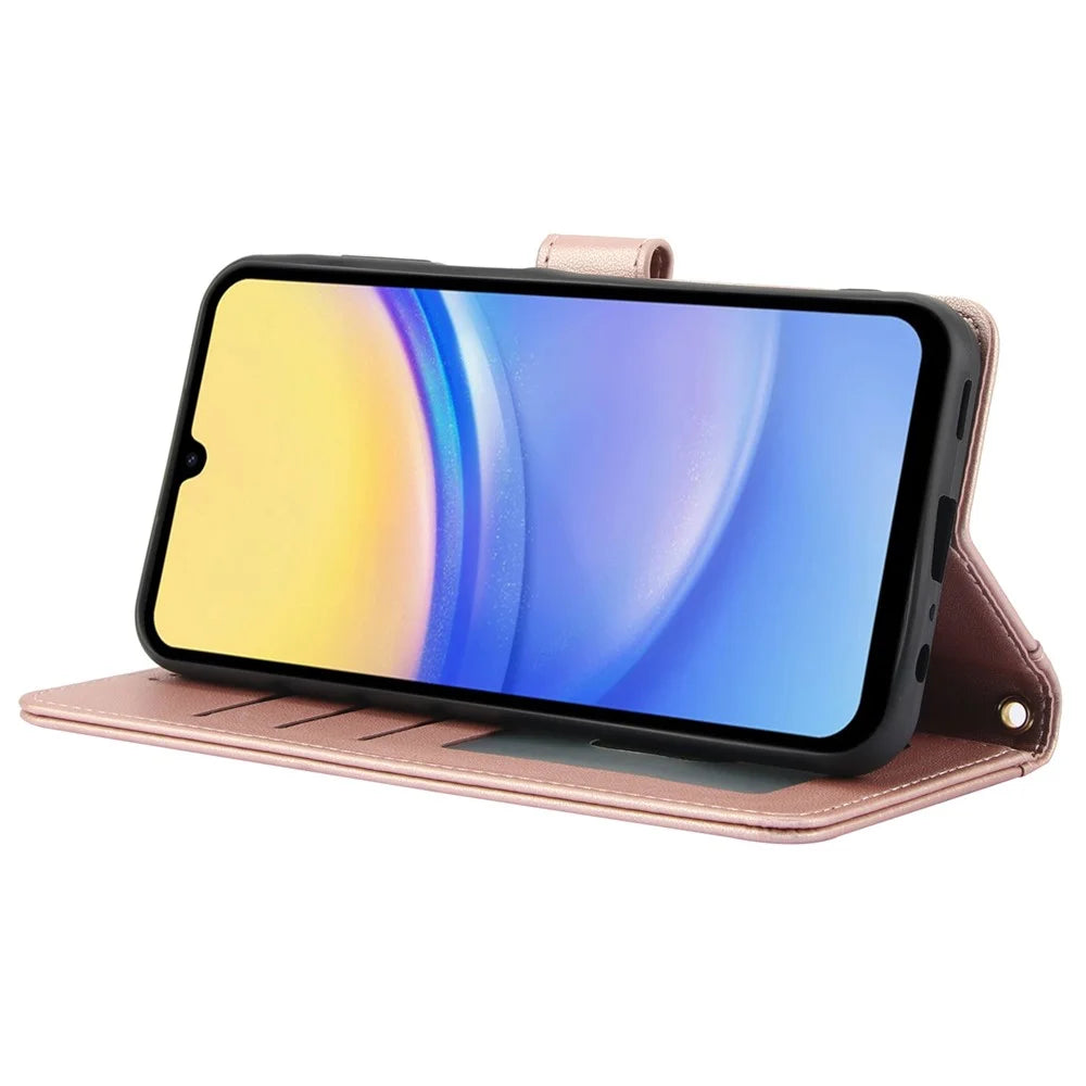 SY-003 For Samsung Galaxy A06 4G Case PU Leather Stand View Phone Wallet Cover with Hand Strap - Pink - 4