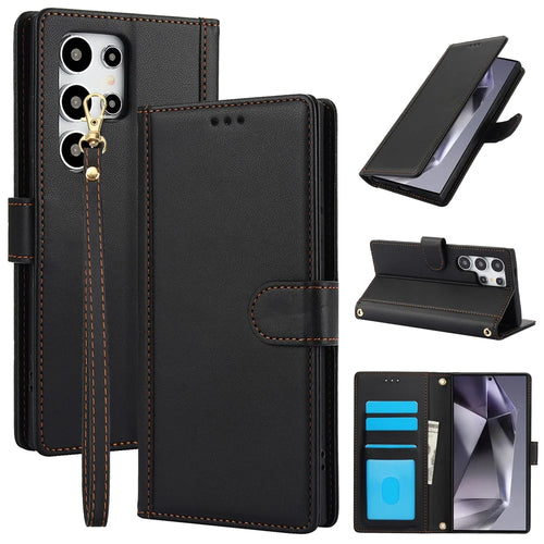 SY-003 For Samsung Galaxy S24 Ultra Case PU Leather Stand View Phone Wallet Cover with Hand Strap - Black - 1