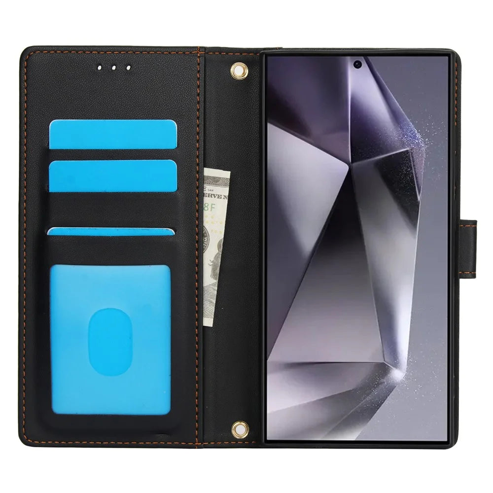 SY-003 For Samsung Galaxy S24 Ultra Case PU Leather Stand View Phone Wallet Cover with Hand Strap - Black - 2