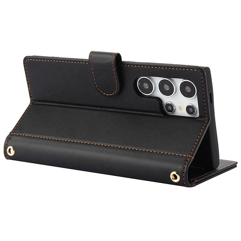 SY-003 For Samsung Galaxy S24 Ultra Case PU Leather Stand View Phone Wallet Cover with Hand Strap - Black - 3