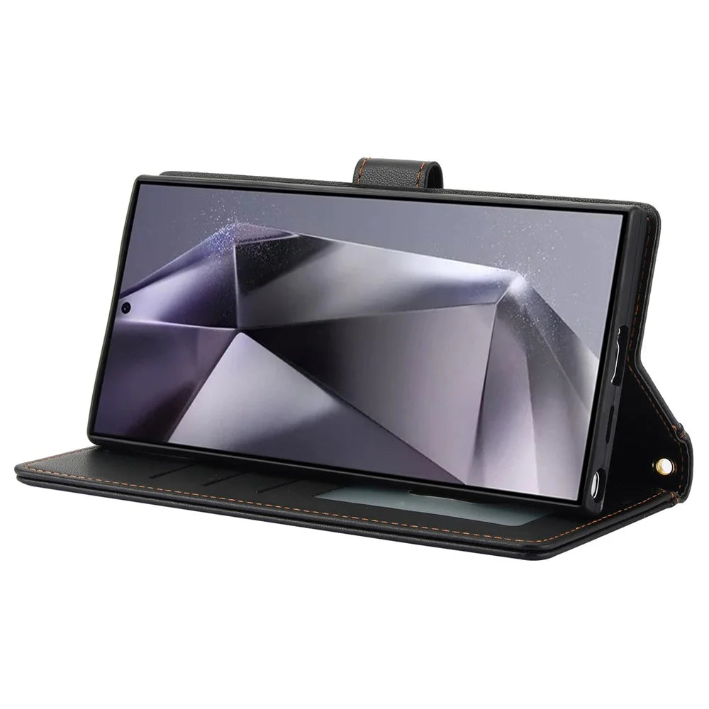 SY-003 For Samsung Galaxy S24 Ultra Case PU Leather Stand View Phone Wallet Cover with Hand Strap - Black - 4