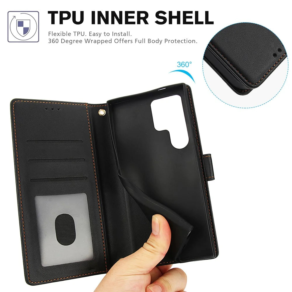 SY-003 For Samsung Galaxy S24 Ultra Case PU Leather Stand View Phone Wallet Cover with Hand Strap - Black - 6