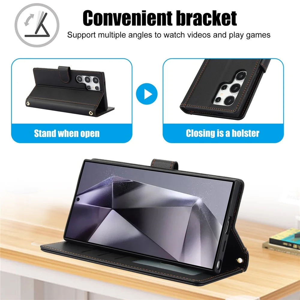 SY-003 For Samsung Galaxy S24 Ultra Case PU Leather Stand View Phone Wallet Cover with Hand Strap - Black - 7
