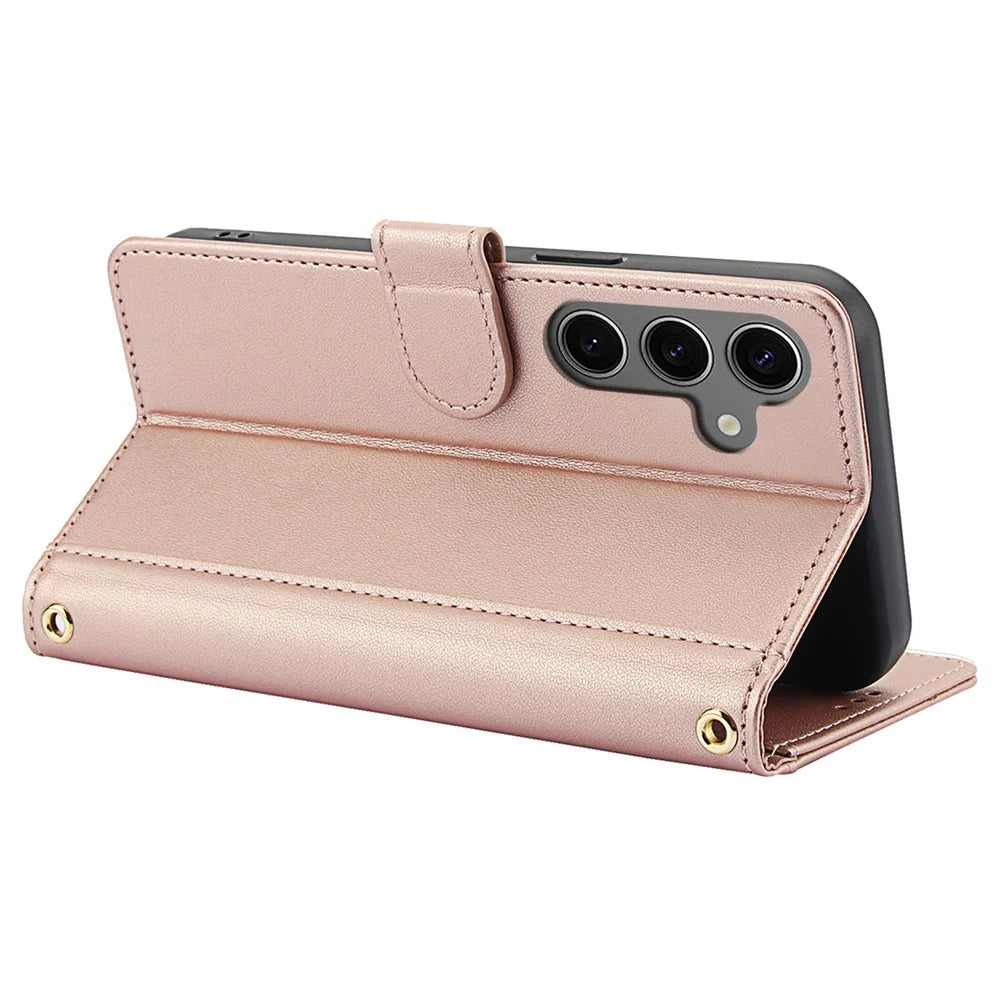 SY-003 For Samsung Galaxy S24 Case PU Leather Stand View Phone Wallet Cover with Hand Strap - Pink - 3