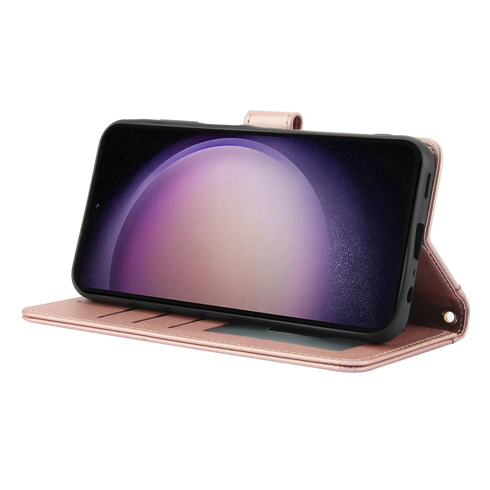 SY-003 For Samsung Galaxy S24 Case PU Leather Stand View Phone Wallet Cover with Hand Strap - Pink - 4