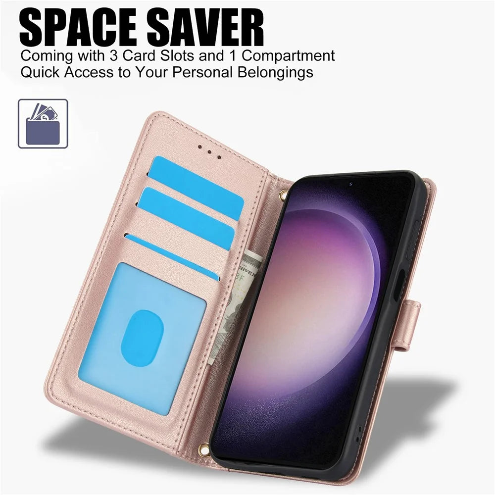 SY-003 For Samsung Galaxy S24 Case PU Leather Stand View Phone Wallet Cover with Hand Strap - Pink - 5