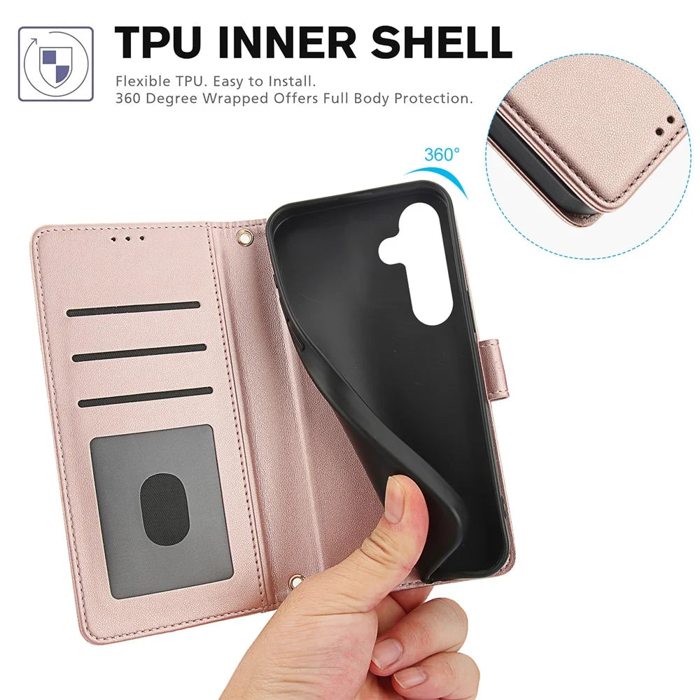 SY-003 For Samsung Galaxy S24 Case PU Leather Stand View Phone Wallet Cover with Hand Strap - Pink - 6