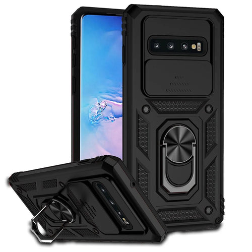 Metal Ring Kickstand Anti-drop Case for Samsung Galaxy S10 4G, Slide Camera Protection PC + TPU Hybrid Phone Cover - Black - 1