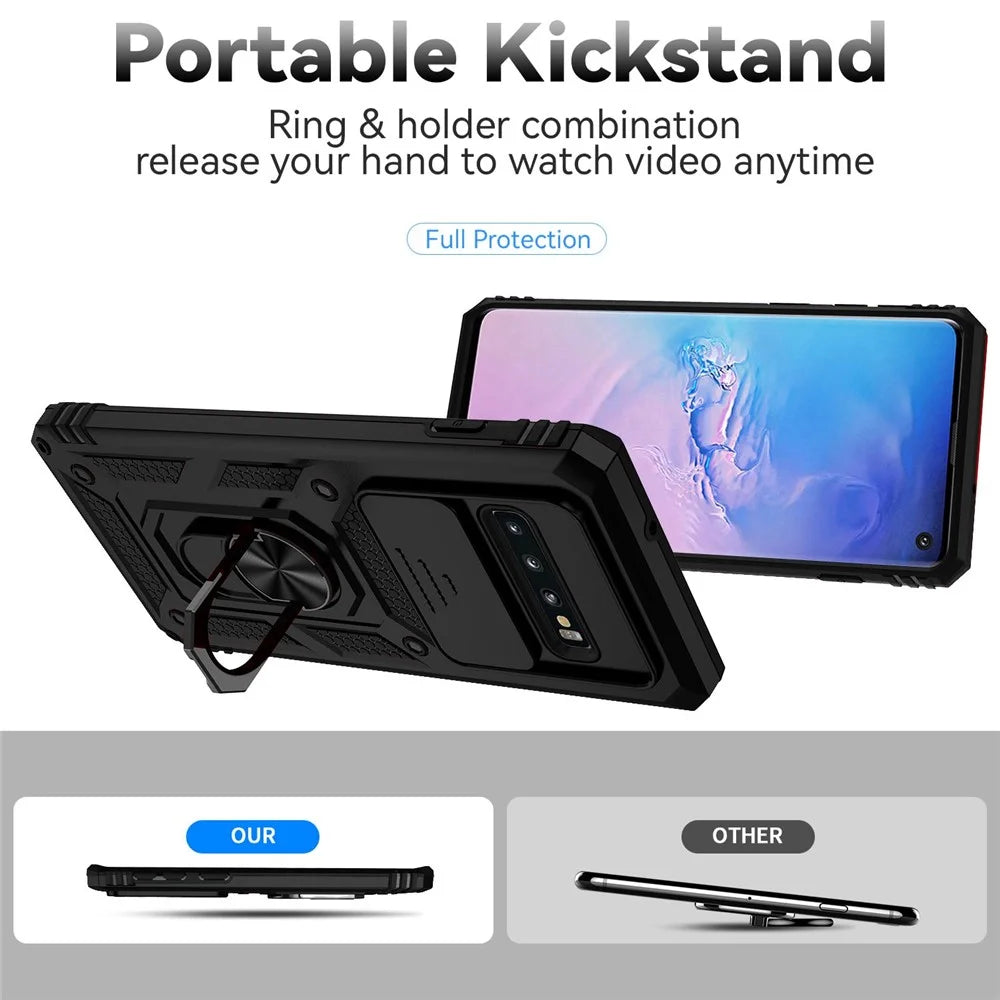 Metal Ring Kickstand Anti-drop Case for Samsung Galaxy S10 4G, Slide Camera Protection PC + TPU Hybrid Phone Cover - Black - 2