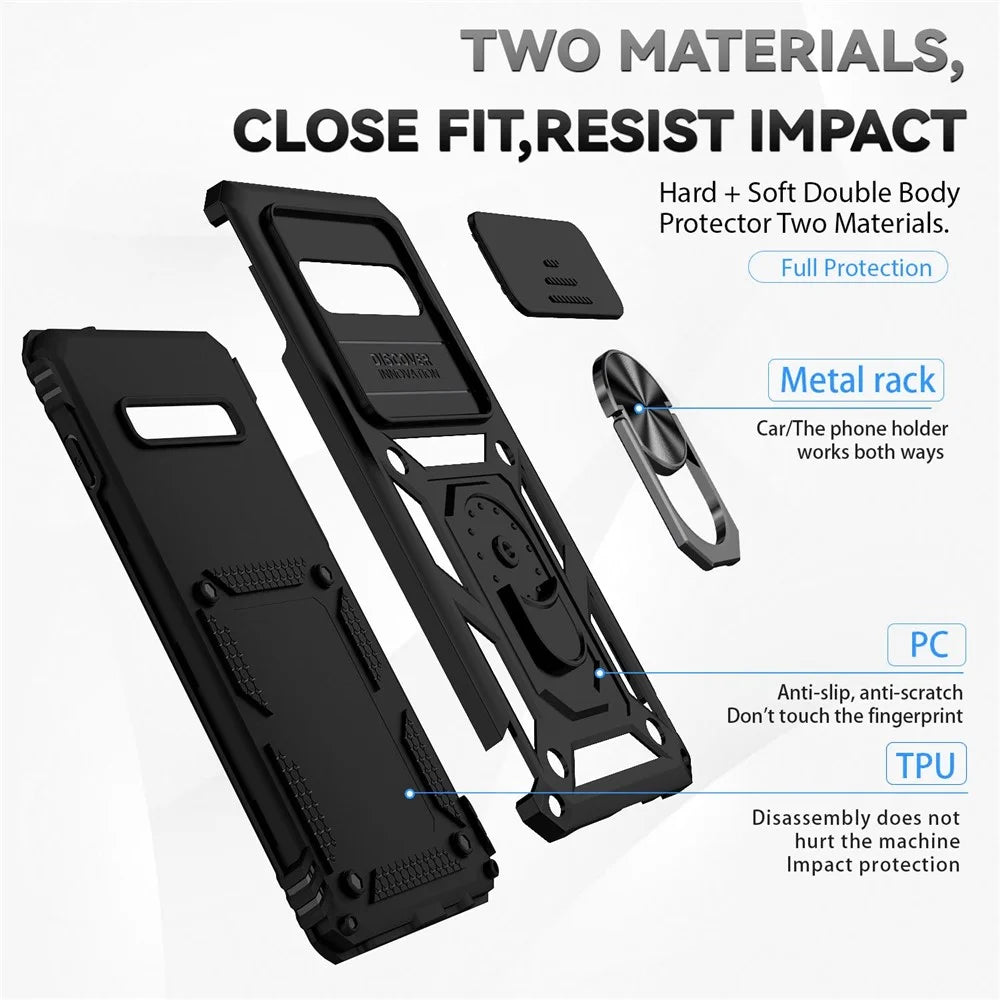 Metal Ring Kickstand Anti-drop Case for Samsung Galaxy S10 4G, Slide Camera Protection PC + TPU Hybrid Phone Cover - Black - 4