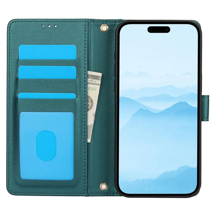 SY-003 For iPhone 14 Pro Case PU Leather Stand View Phone Wallet Cover with Hand Strap - Green - 2