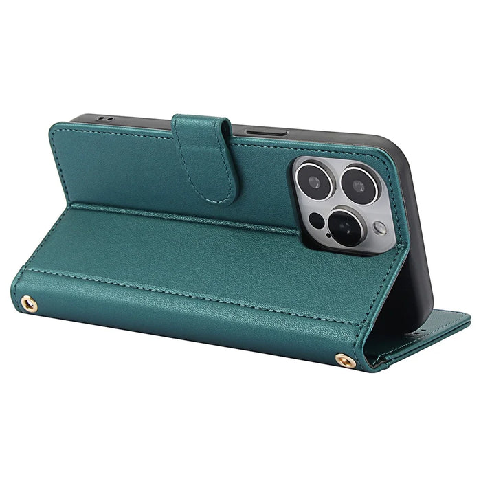 SY-003 For iPhone 14 Pro Case PU Leather Stand View Phone Wallet Cover with Hand Strap - Green - 3