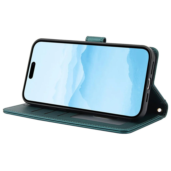 SY-003 For iPhone 14 Pro Case PU Leather Stand View Phone Wallet Cover with Hand Strap - Green - 4