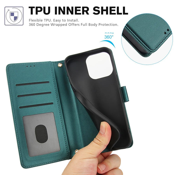 SY-003 For iPhone 14 Pro Case PU Leather Stand View Phone Wallet Cover with Hand Strap - Green - 6
