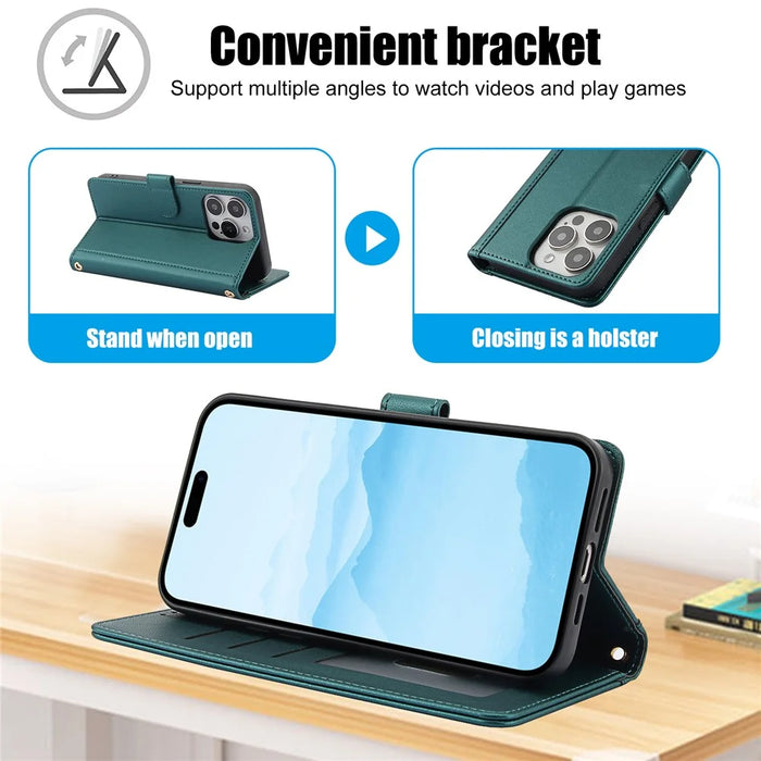 SY-003 For iPhone 14 Pro Case PU Leather Stand View Phone Wallet Cover with Hand Strap - Green - 7