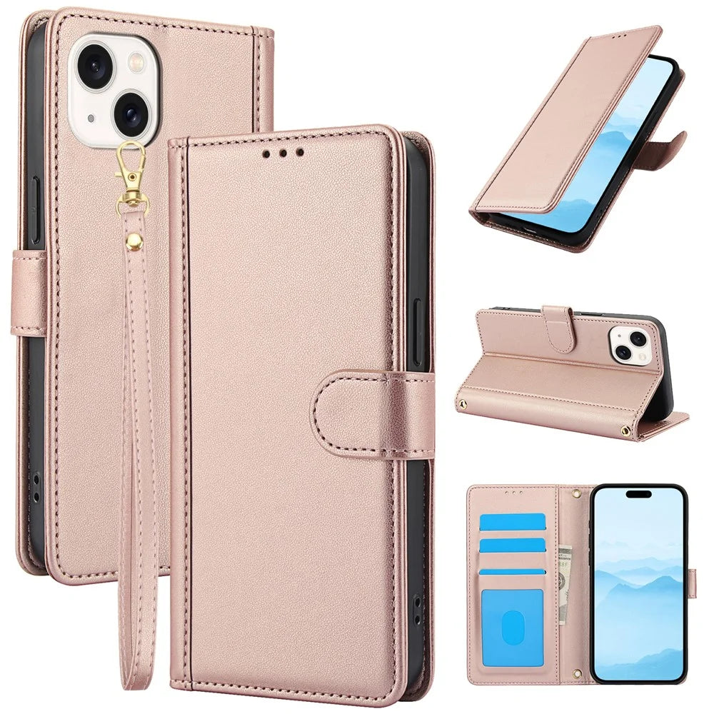 SY-003 For iPhone 14 / 13 Case PU Leather Stand View Phone Wallet Cover with Hand Strap - Pink - 1
