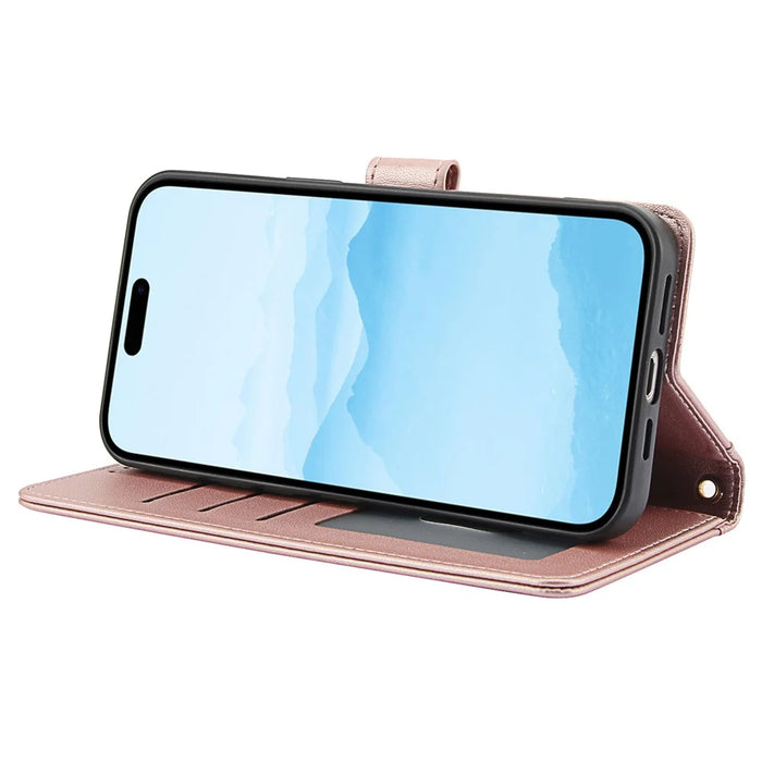 SY-003 For iPhone 14 / 13 Case PU Leather Stand View Phone Wallet Cover with Hand Strap - Pink - 3