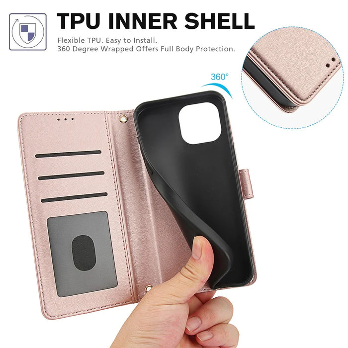 SY-003 For iPhone 14 / 13 Case PU Leather Stand View Phone Wallet Cover with Hand Strap - Pink - 6