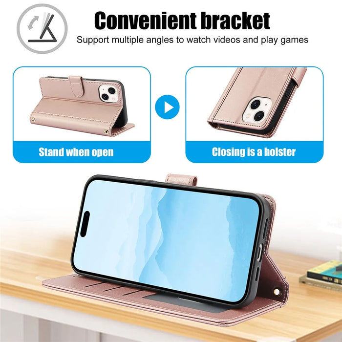 SY-003 For iPhone 14 / 13 Case PU Leather Stand View Phone Wallet Cover with Hand Strap - Pink - 7