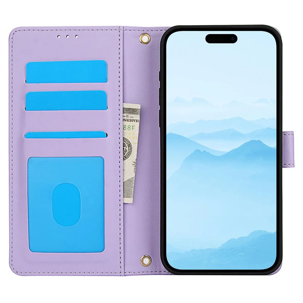 SY-003 For iPhone 14 Pro Max Case PU Leather Stand View Phone Wallet Cover with Hand Strap - Purple - 2