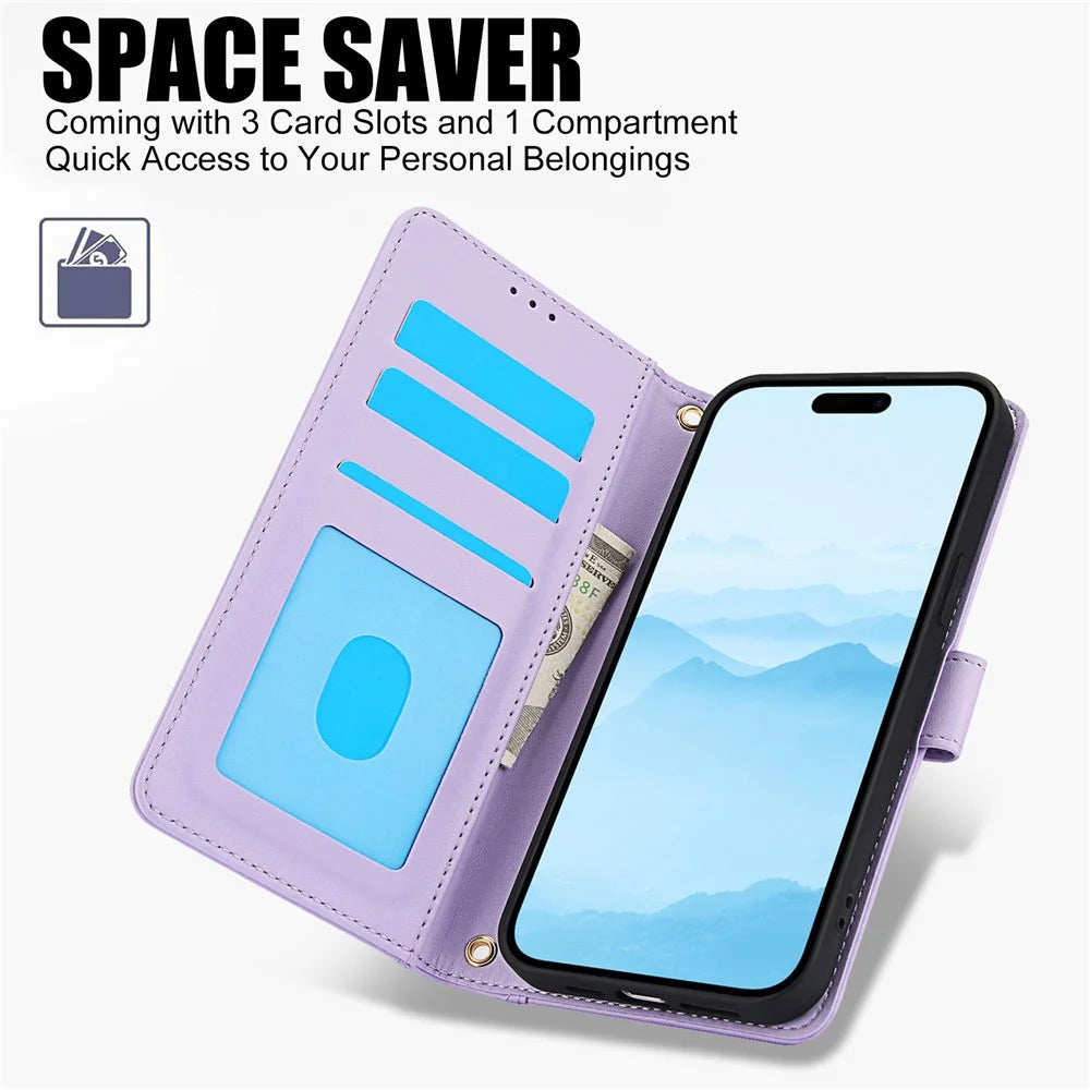 SY-003 For iPhone 14 Pro Max Case PU Leather Stand View Phone Wallet Cover with Hand Strap - Purple - 5