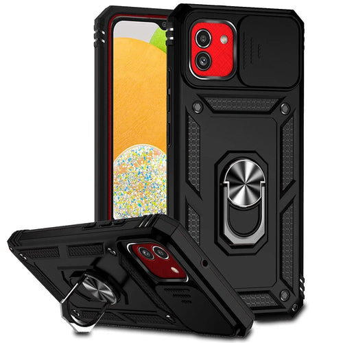 For Samsung Galaxy A03 (166.5mm) PC + TPU Kickstand Phone Case Slide Camera Protection Back Cover - Black - 1