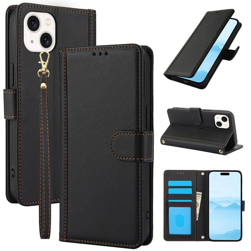 SY-003 For iPhone 15 Case PU Leather Stand View Phone Wallet Cover with Hand Strap - Black - 1