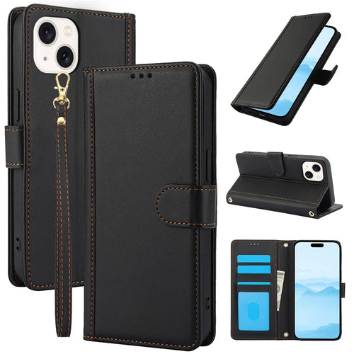 SY-003 For iPhone 15 Case PU Leather Stand View Phone Wallet Cover with Hand Strap - Black - 1