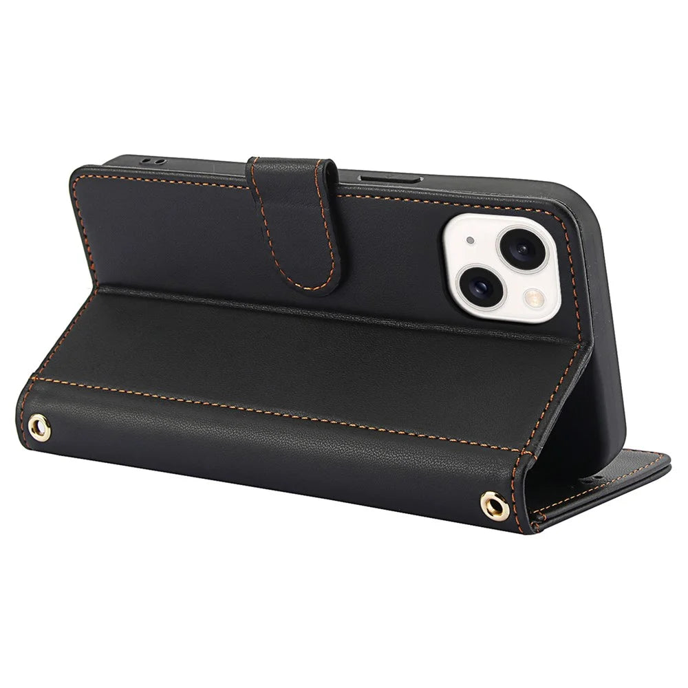 SY-003 For iPhone 15 Case PU Leather Stand View Phone Wallet Cover with Hand Strap - Black - 4
