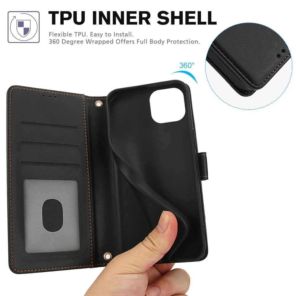 SY-003 For iPhone 15 Case PU Leather Stand View Phone Wallet Cover with Hand Strap - Black - 6