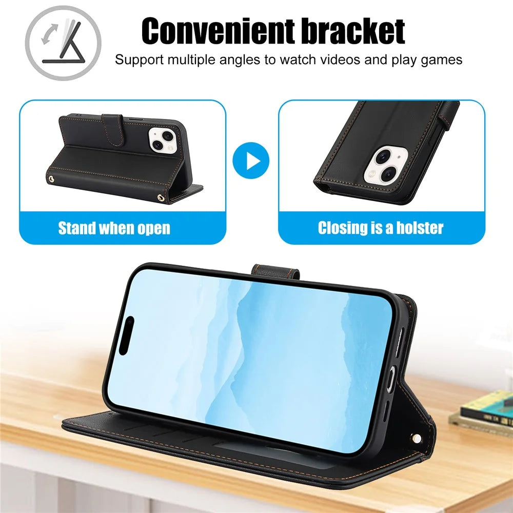 SY-003 For iPhone 15 Case PU Leather Stand View Phone Wallet Cover with Hand Strap - Black - 7