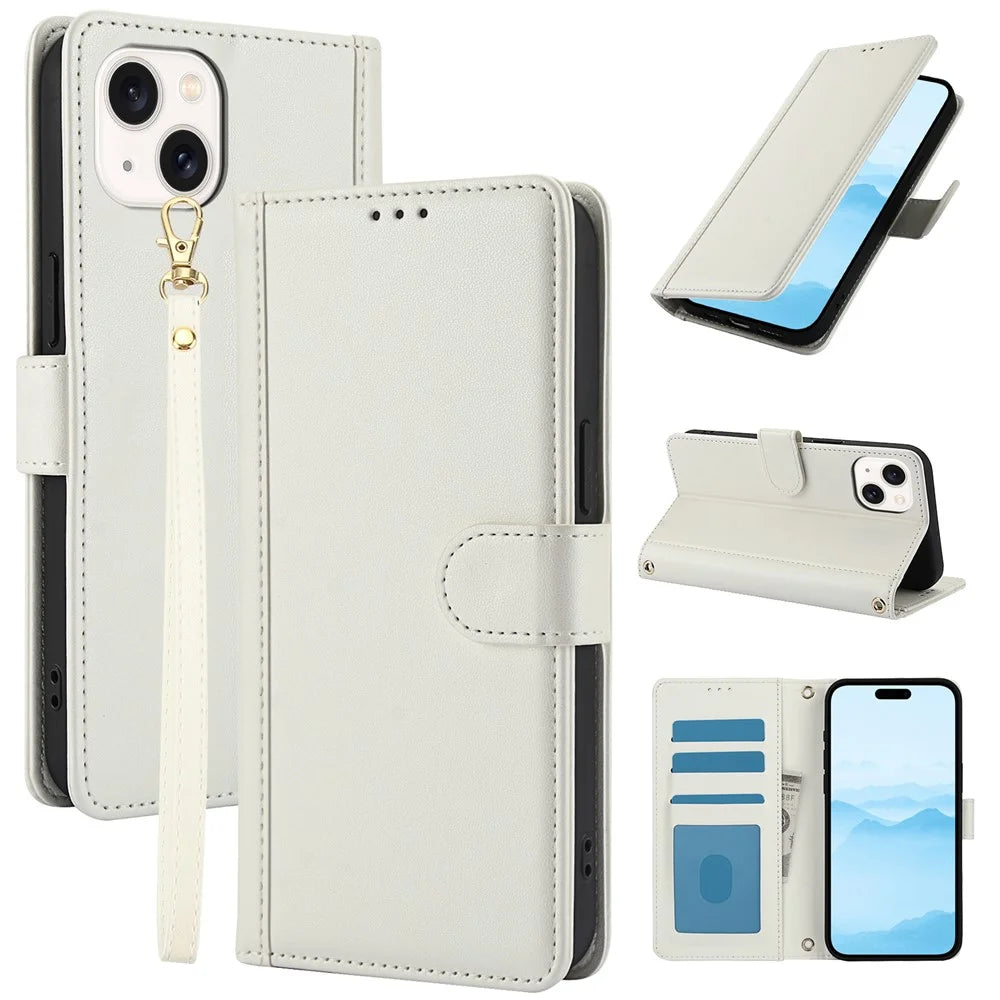 SY-003 For iPhone 15 Plus / 14 Plus Case PU Leather Stand View Phone Wallet Cover with Hand Strap - White - 1