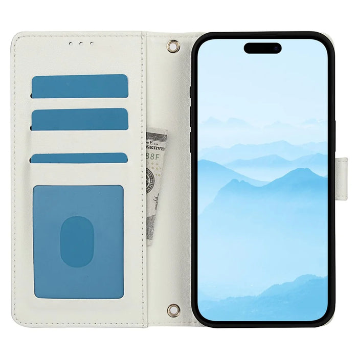 SY-003 For iPhone 15 Plus / 14 Plus Case PU Leather Stand View Phone Wallet Cover with Hand Strap - White - 2