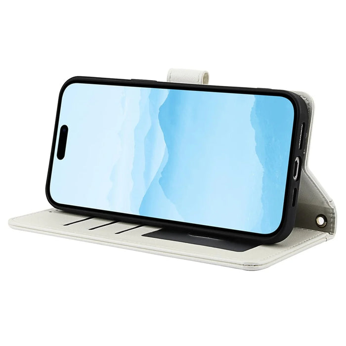 SY-003 For iPhone 15 Plus / 14 Plus Case PU Leather Stand View Phone Wallet Cover with Hand Strap - White - 3