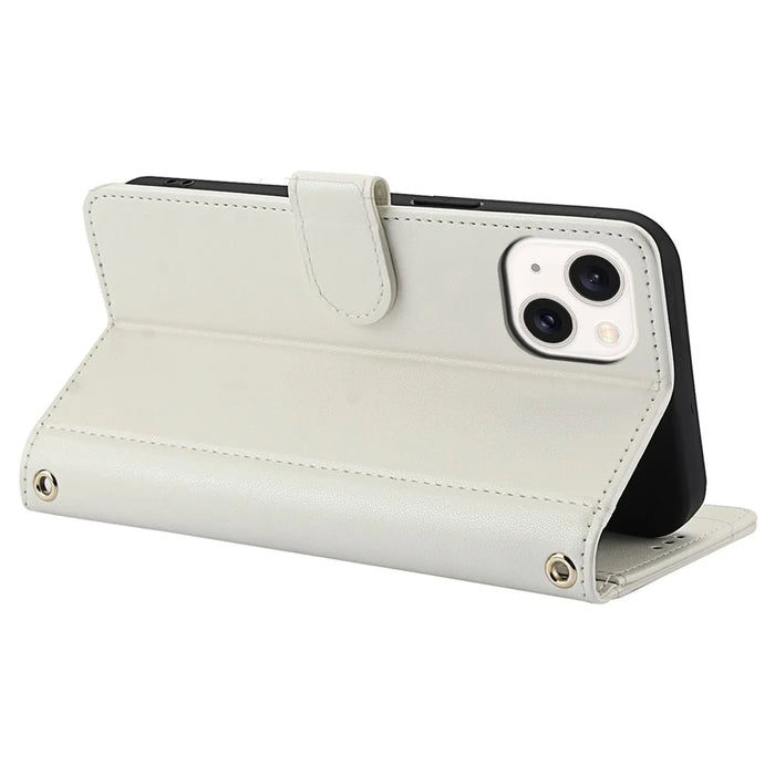 SY-003 For iPhone 15 Plus / 14 Plus Case PU Leather Stand View Phone Wallet Cover with Hand Strap - White - 4
