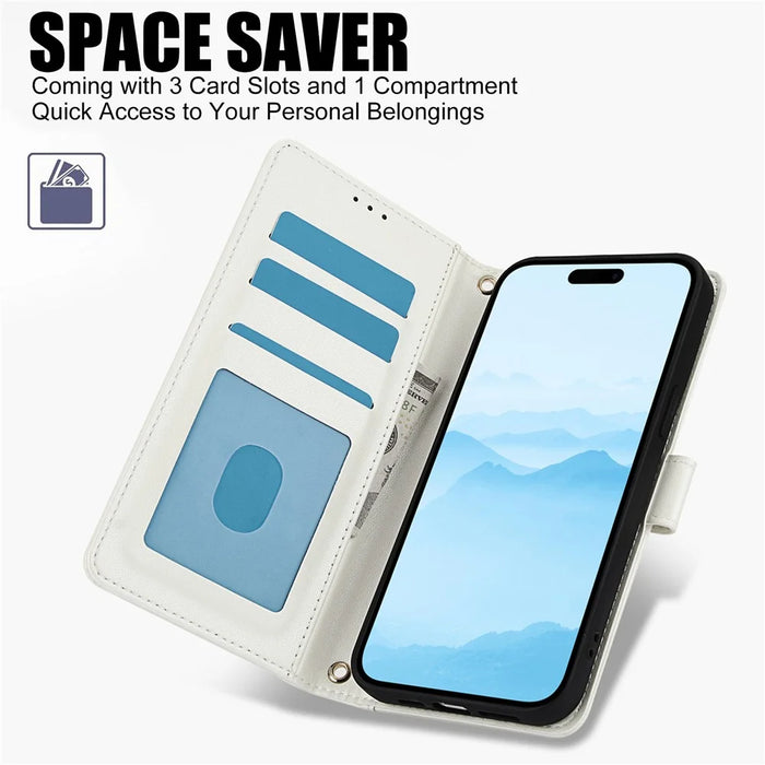 SY-003 For iPhone 15 Plus / 14 Plus Case PU Leather Stand View Phone Wallet Cover with Hand Strap - White - 5