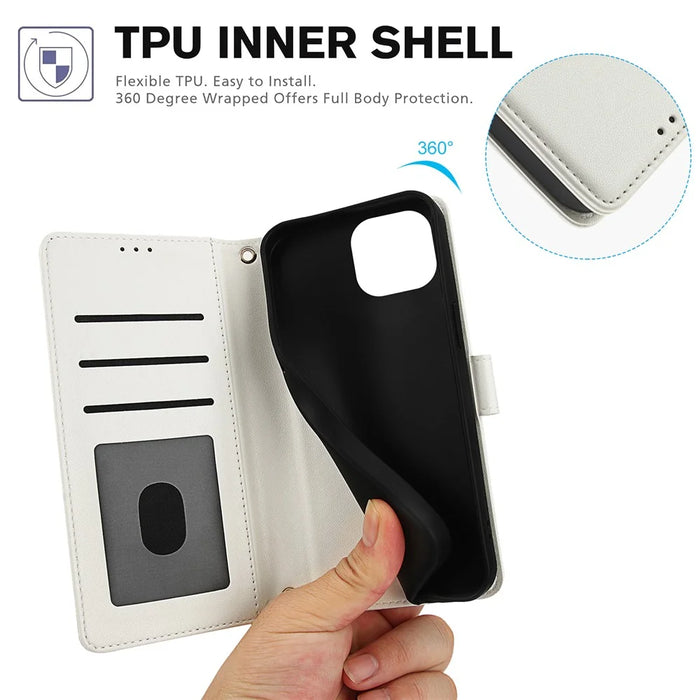 SY-003 For iPhone 15 Plus / 14 Plus Case PU Leather Stand View Phone Wallet Cover with Hand Strap - White - 6