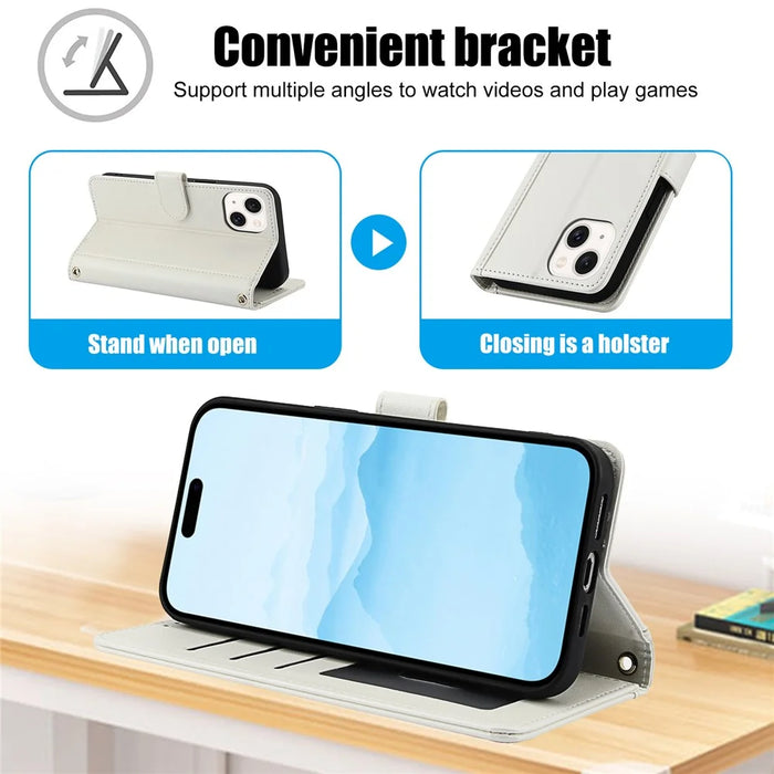 SY-003 For iPhone 15 Plus / 14 Plus Case PU Leather Stand View Phone Wallet Cover with Hand Strap - White - 7