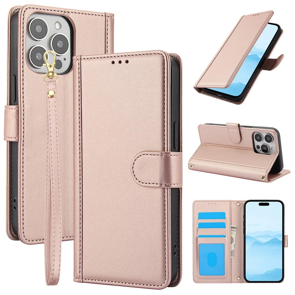 SY-003 For iPhone 15 Pro Max Case PU Leather Stand View Phone Wallet Cover with Hand Strap - Pink - 1